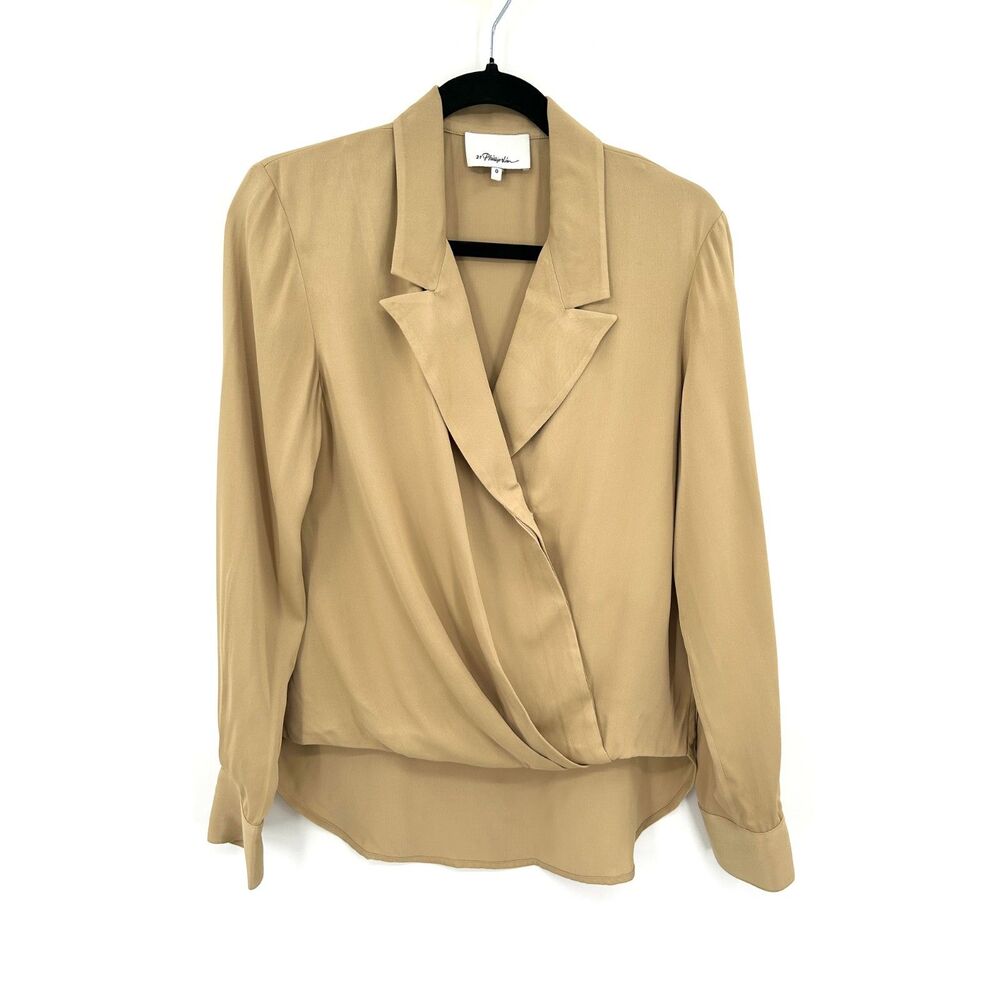 3.1 PHILLIP LIM Khaki Tan Button Up Wrap Front Blouse Long Sleeve Viscose Size 0